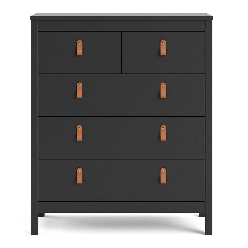 Chest of 5 Drawers Matt Black with Brown Leather Tab Handles