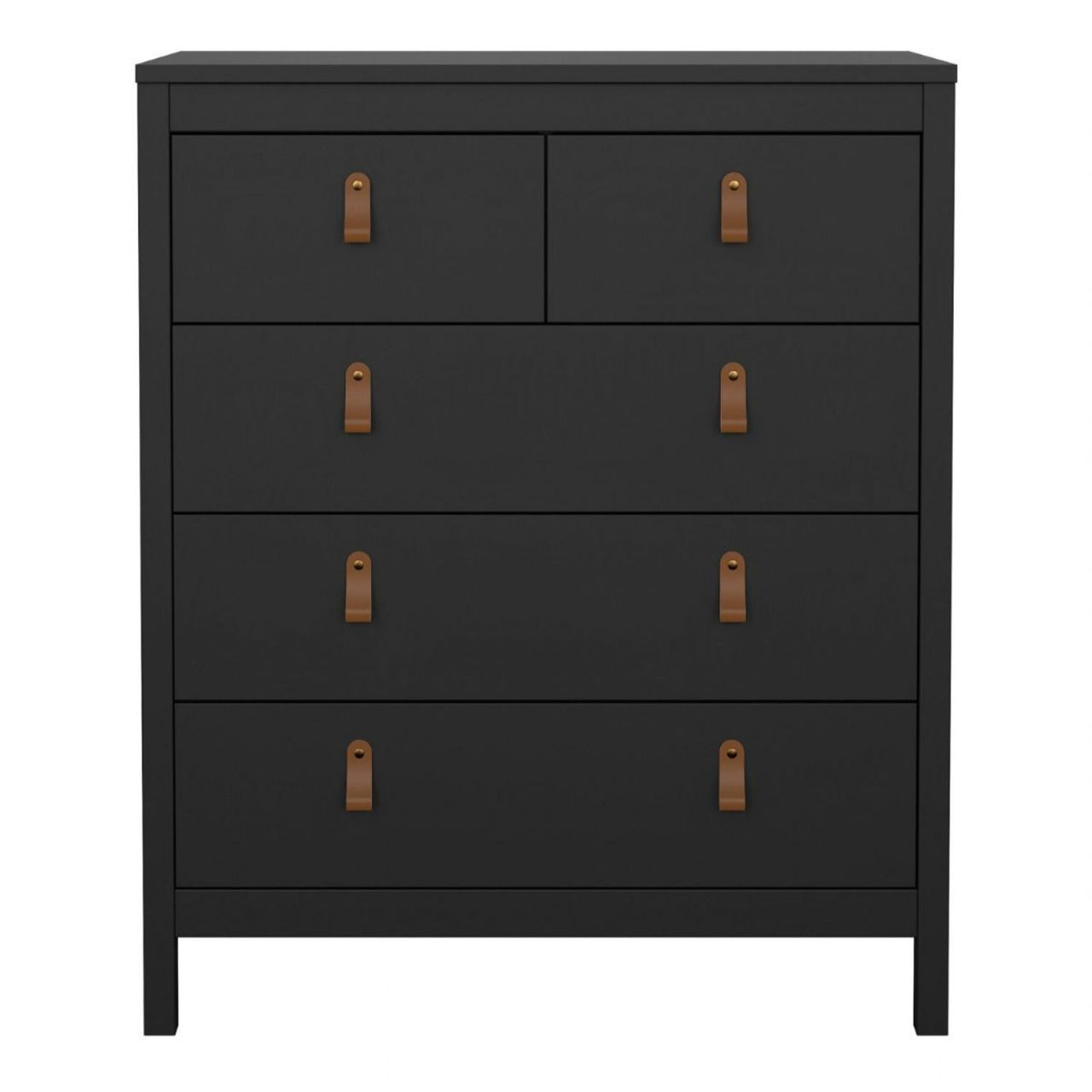 Chest of 5 Drawers Matt Black with Brown Leather Tab Handles