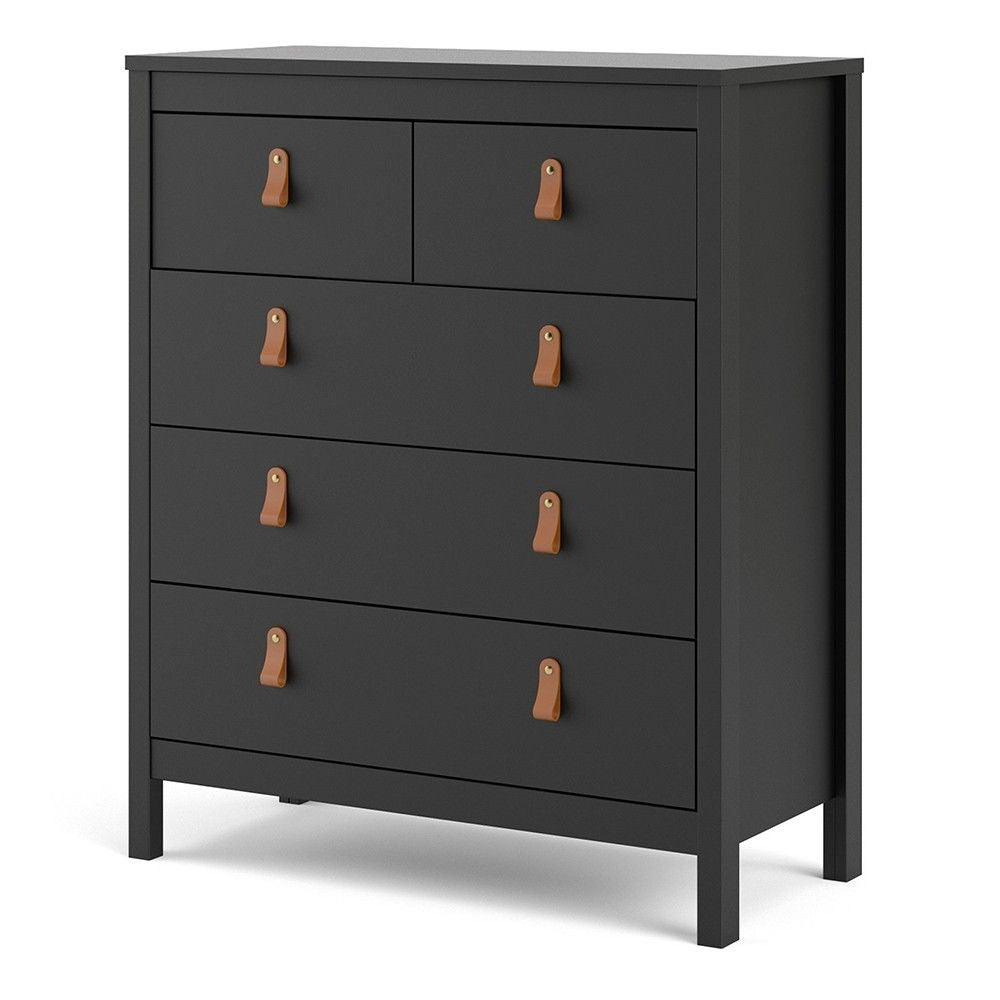 Chest of 5 Drawers Matt Black with Brown Leather Tab Handles