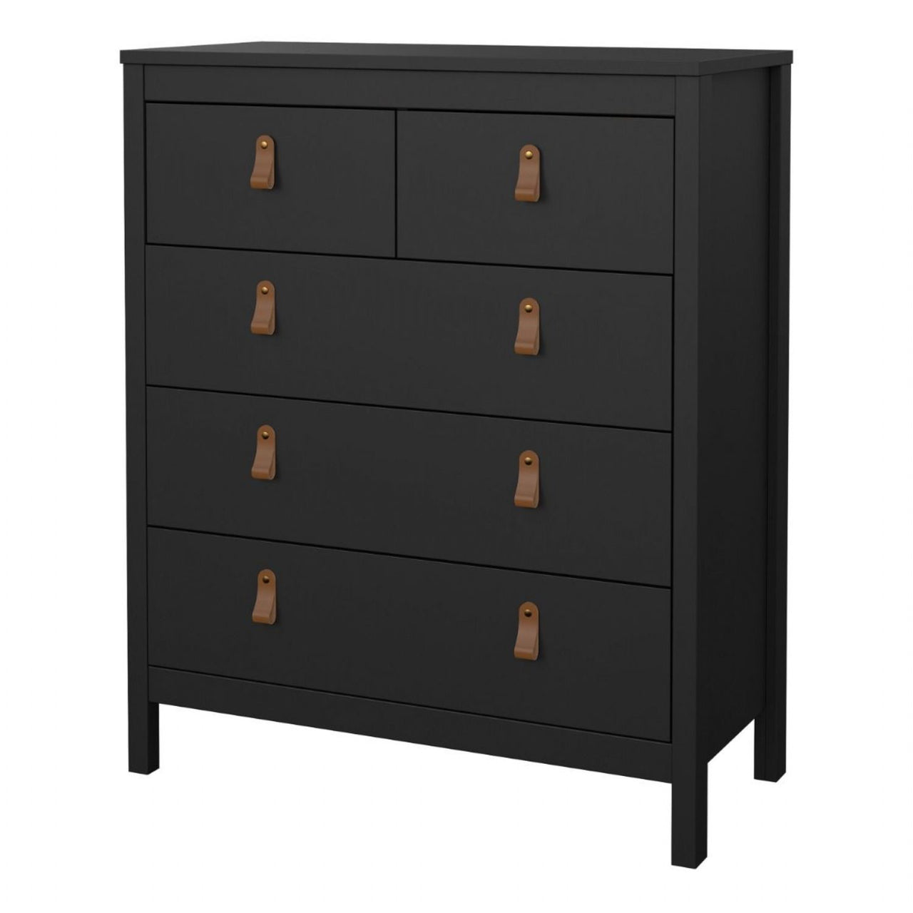 Chest of 5 Drawers Matt Black with Brown Leather Tab Handles