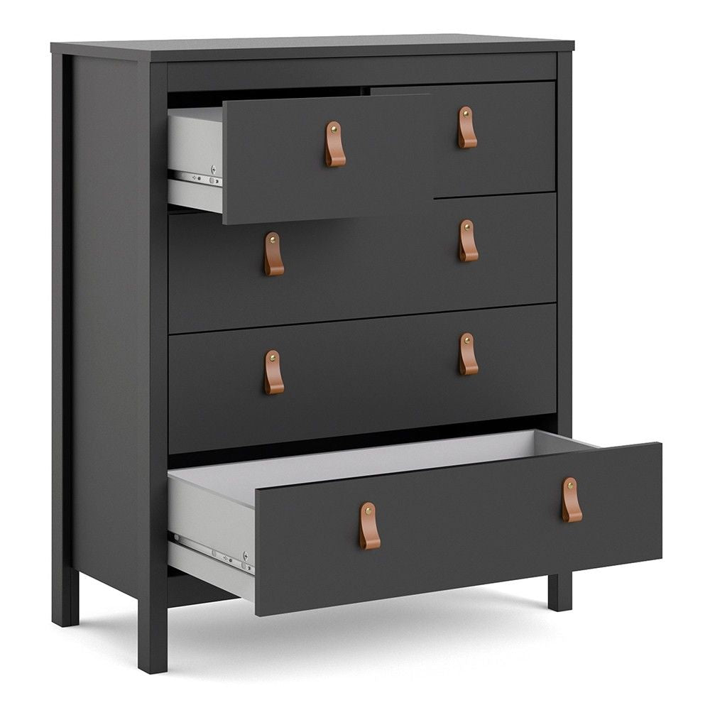 Chest of 5 Drawers Matt Black with Brown Leather Tab Handles