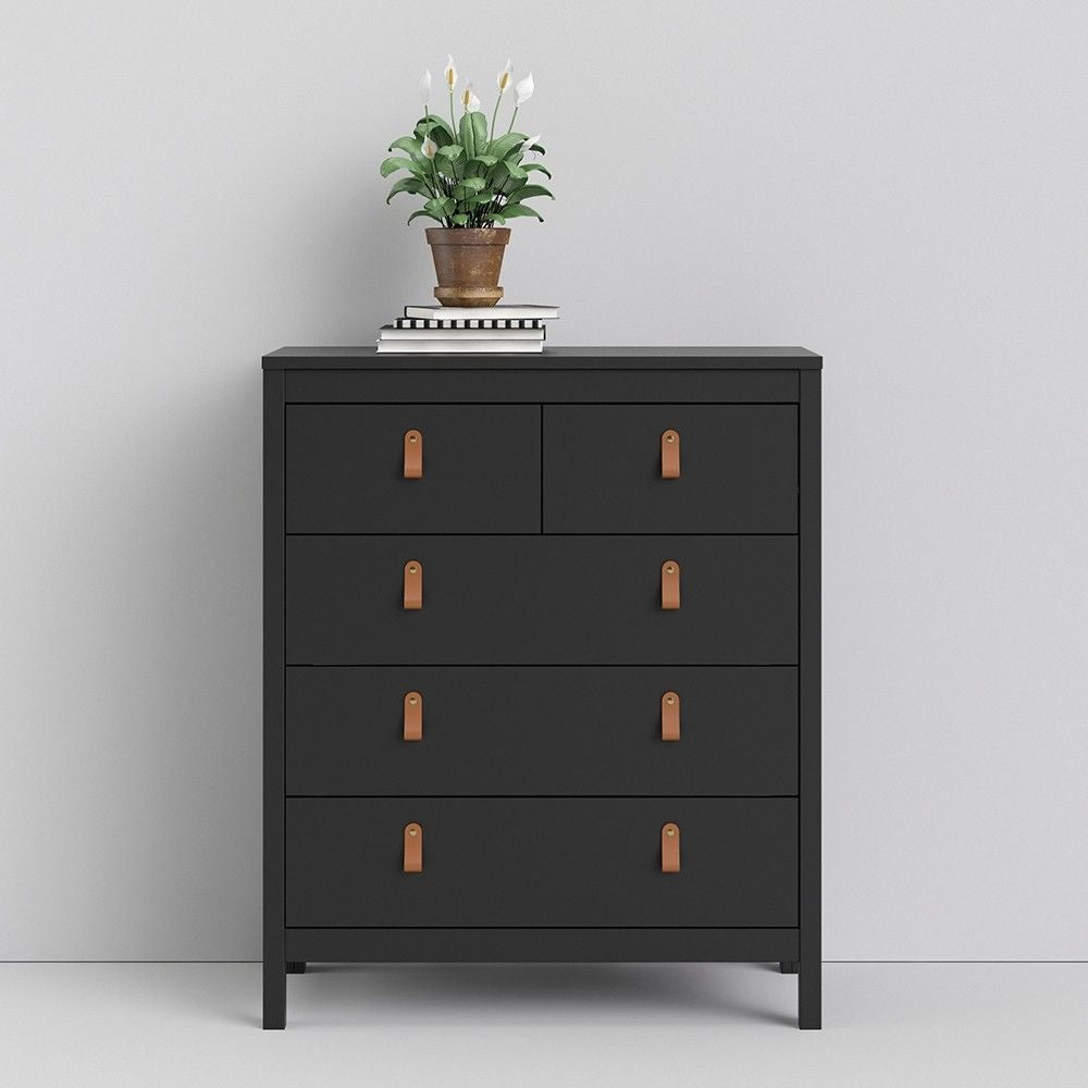 Chest of 5 Drawers Matt Black with Brown Leather Tab Handles