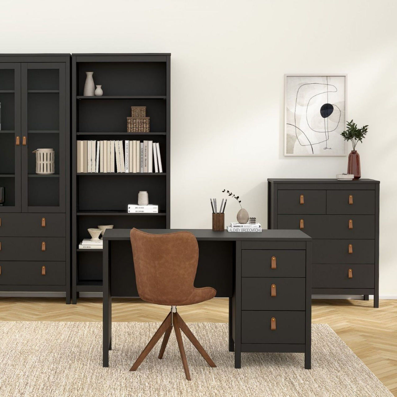 Chest of 5 Drawers Matt Black with Brown Leather Tab Handles