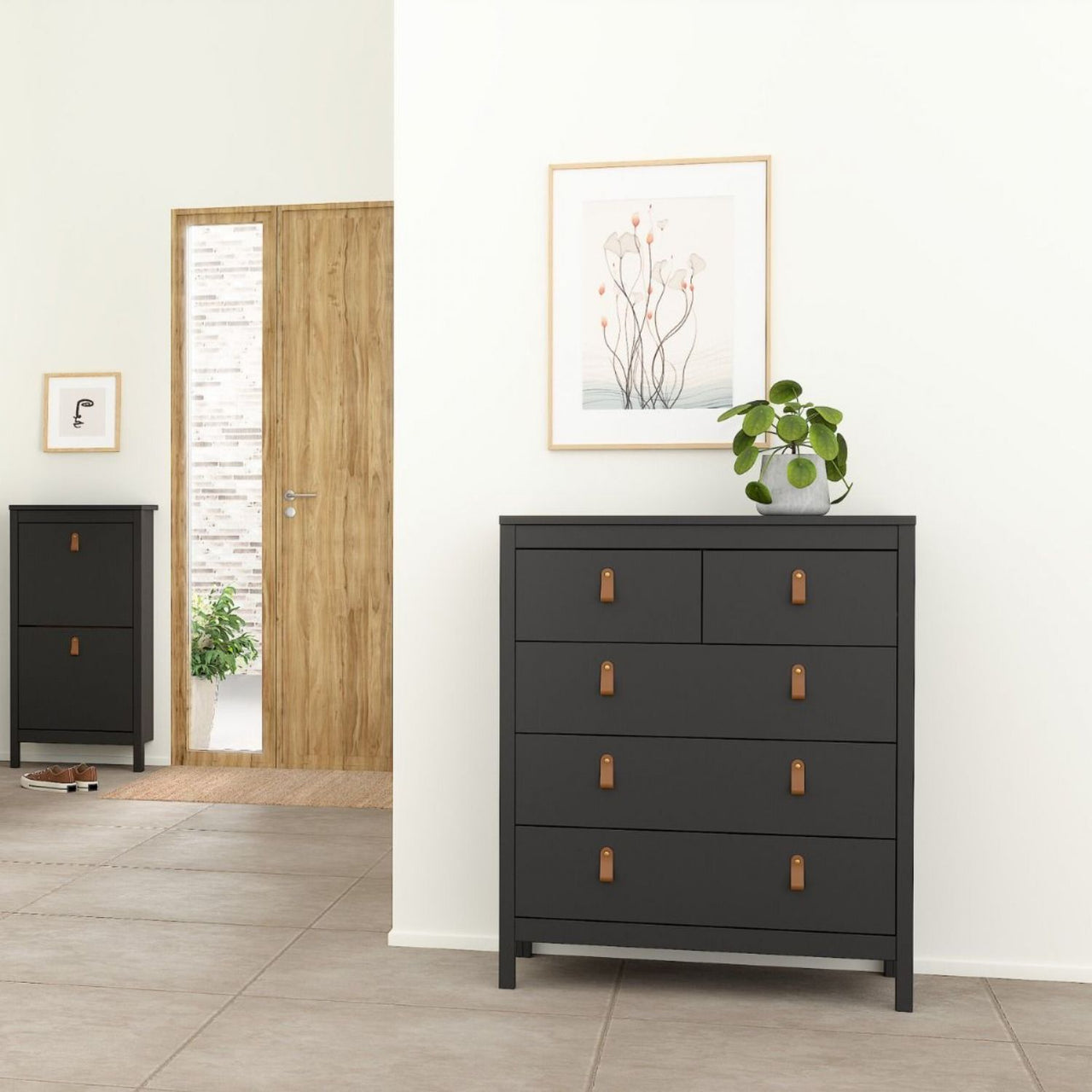 Chest of 5 Drawers Matt Black with Brown Leather Tab Handles