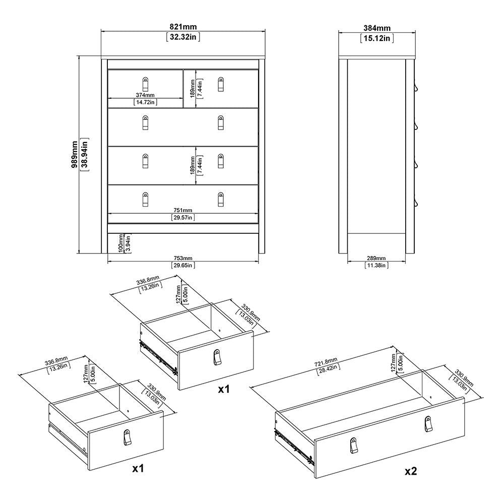 Chest of 5 Drawers Matt Black with Brown Leather Tab Handles