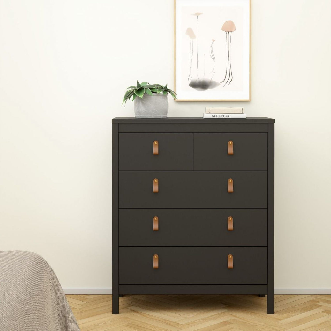 Chest of 5 Drawers Matt Black with Brown Leather Tab Handles