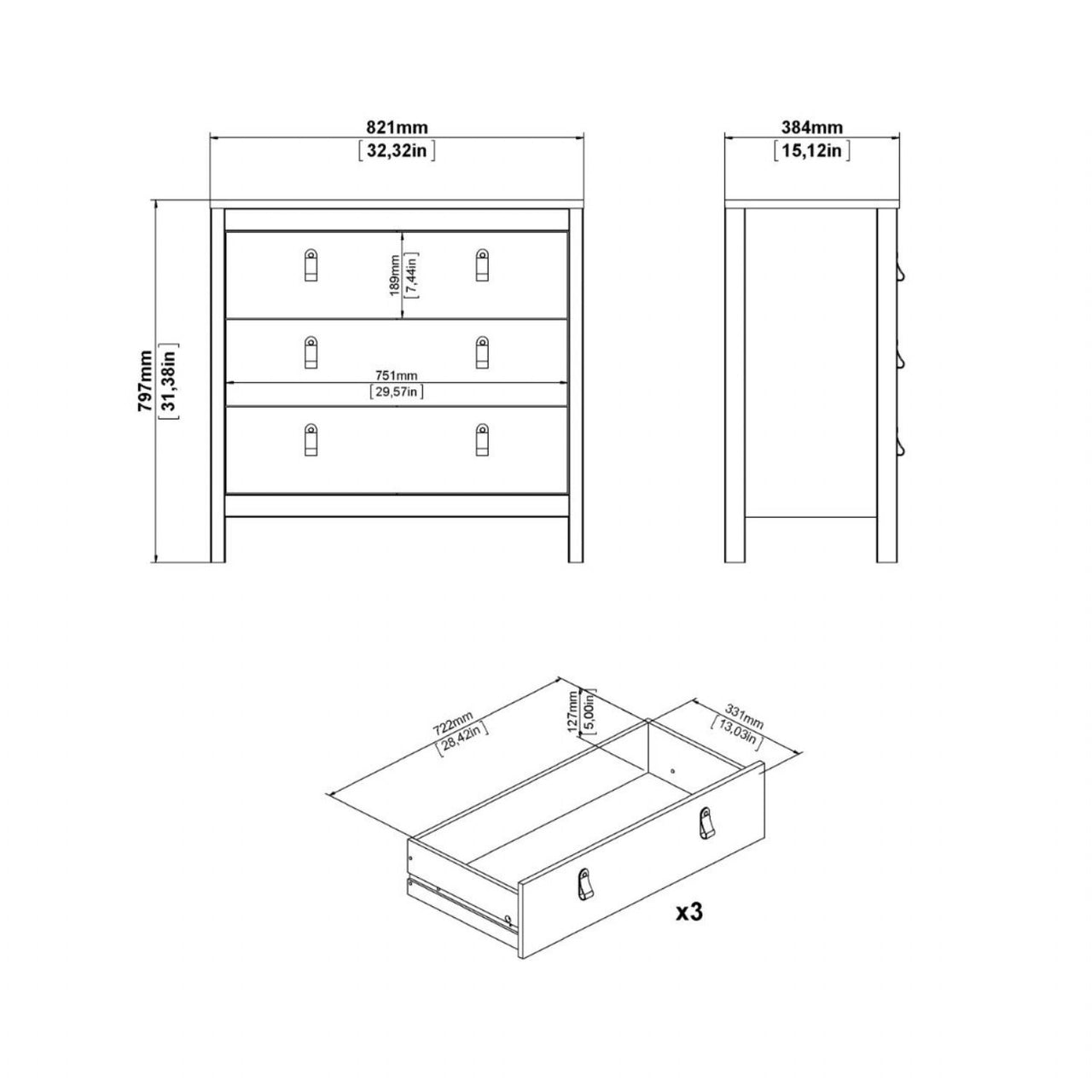 White 3 Drawer Chest With Brown Leather Tab Handles