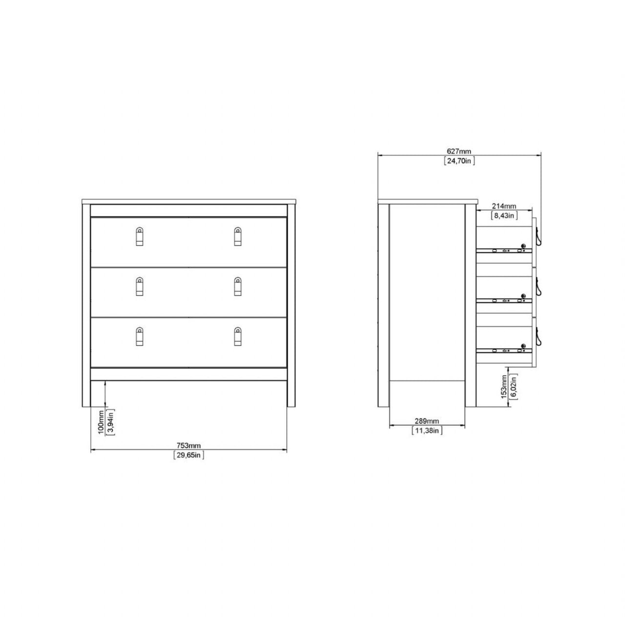 White 3 Drawer Chest With Brown Leather Tab Handles