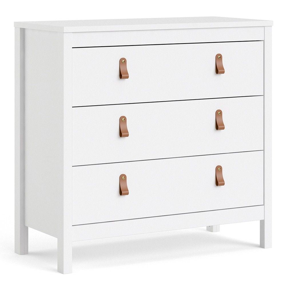 White 3 Drawer Chest With Brown Leather Tab Handles