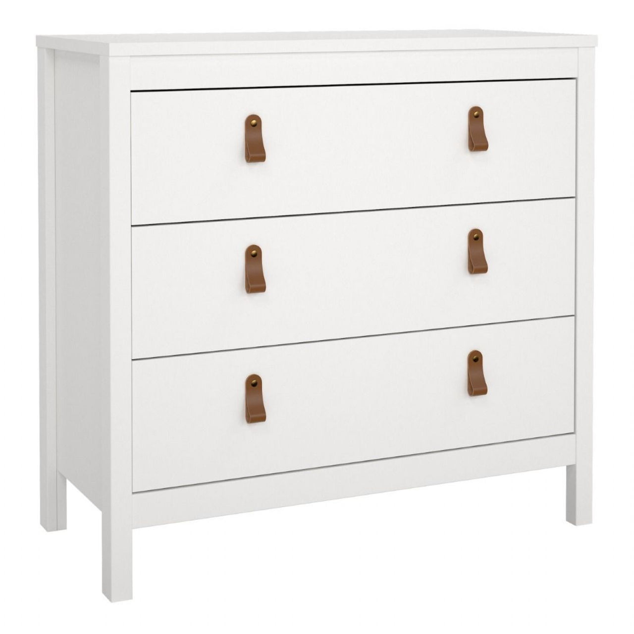 White 3 Drawer Chest With Brown Leather Tab Handles