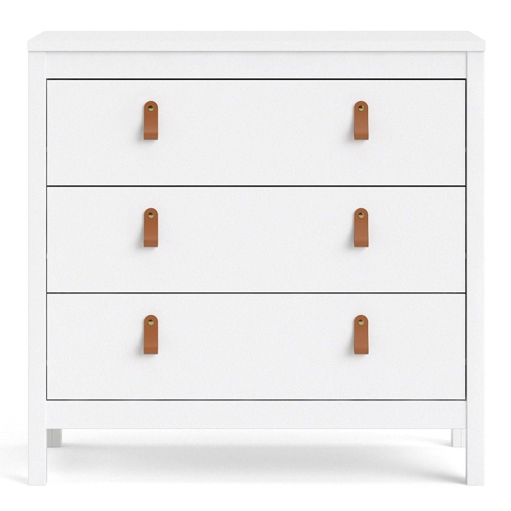 White 3 Drawer Chest With Brown Leather Tab Handles