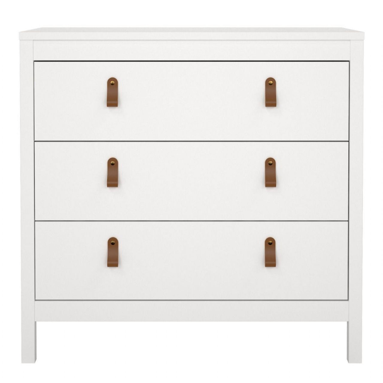 White 3 Drawer Chest With Brown Leather Tab Handles