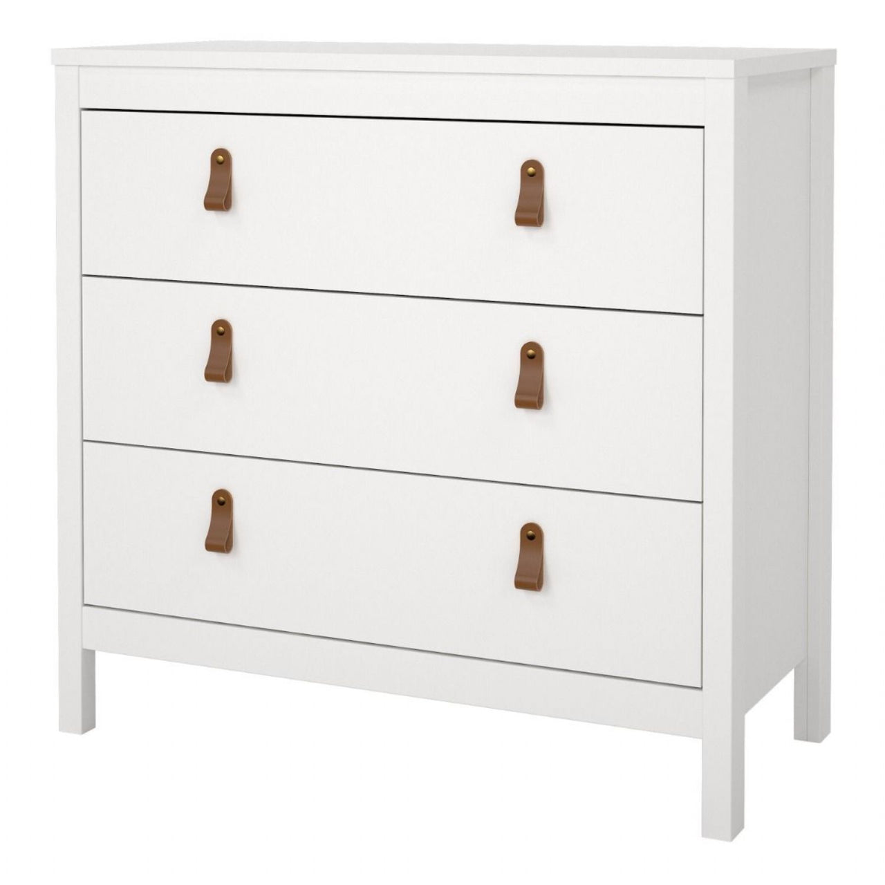 White 3 Drawer Chest With Brown Leather Tab Handles