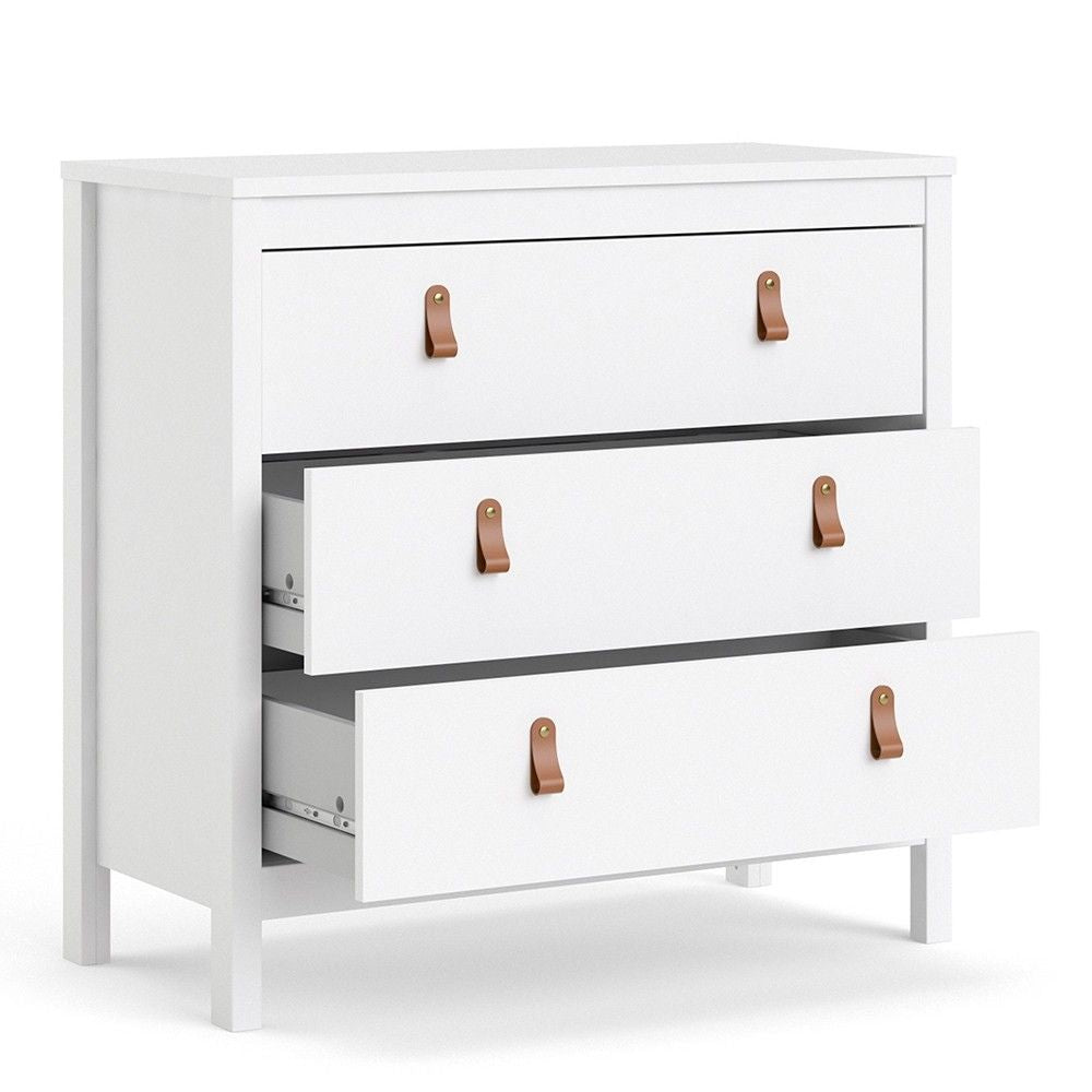 White 3 Drawer Chest With Brown Leather Tab Handles