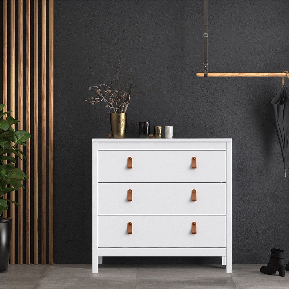 White 3 Drawer Chest With Brown Leather Tab Handles