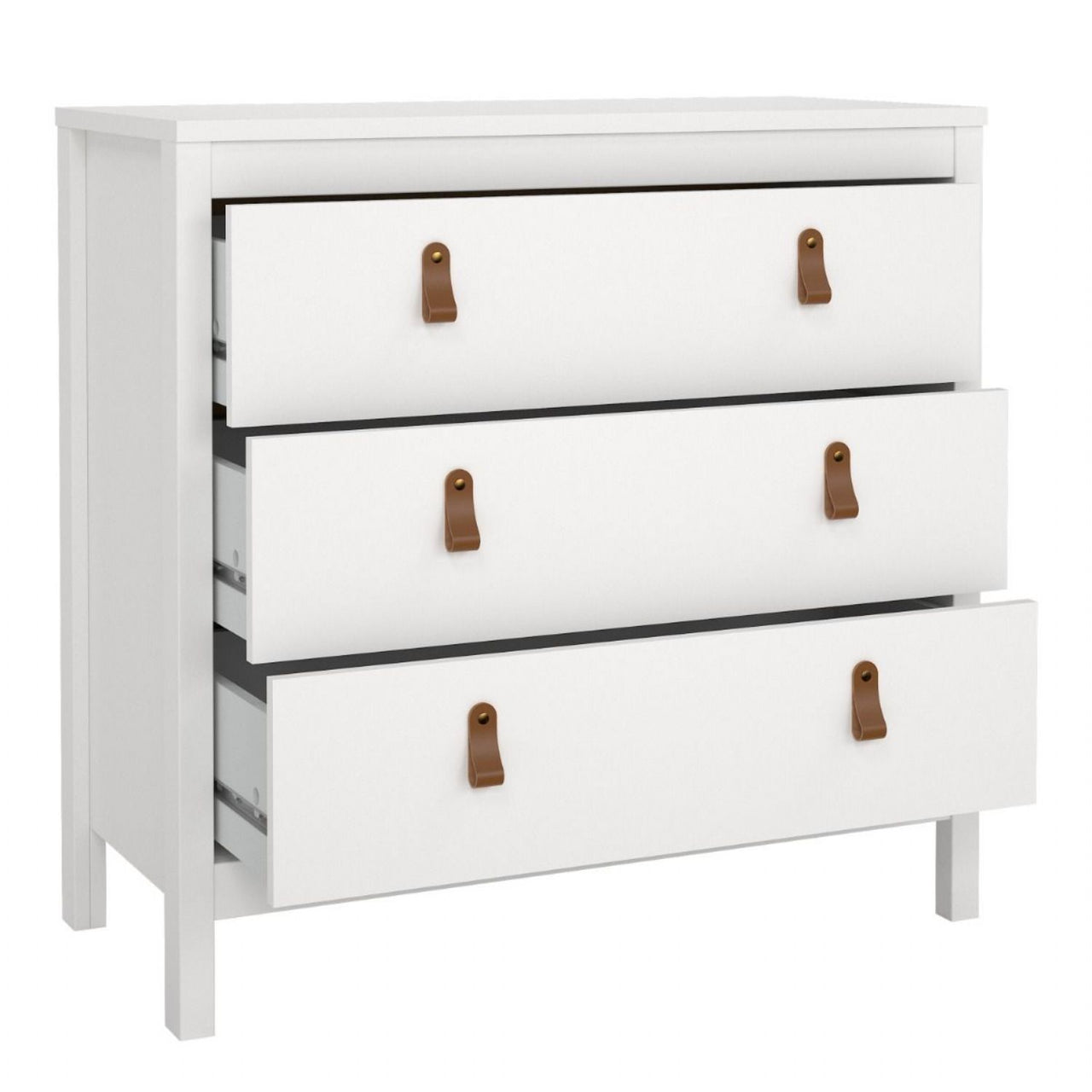 White 3 Drawer Chest With Brown Leather Tab Handles