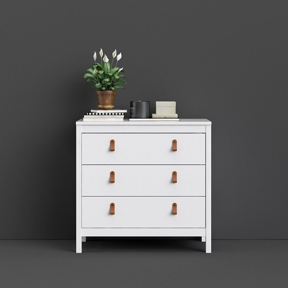 White 3 Drawer Chest With Brown Leather Tab Handles