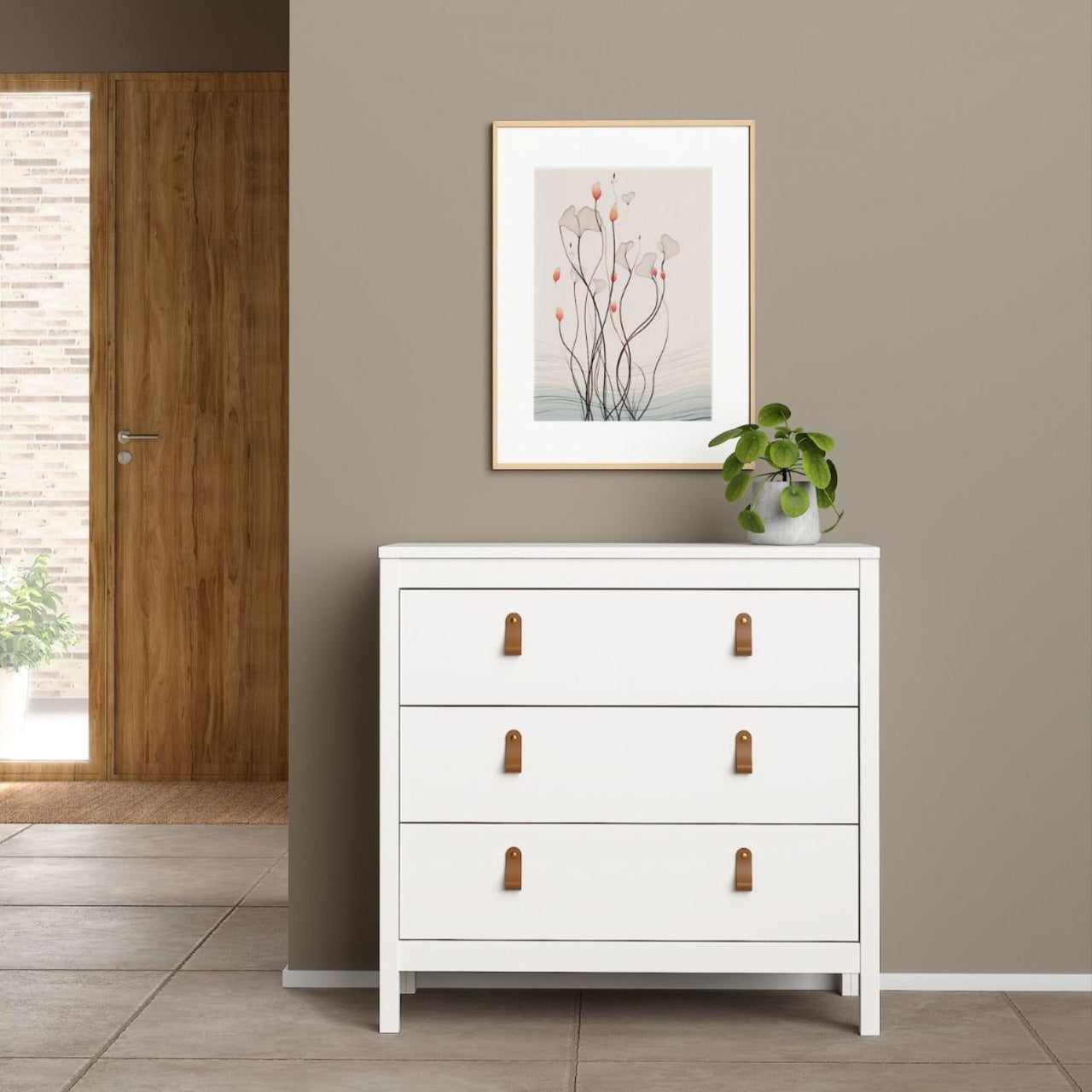 White 3 Drawer Chest With Brown Leather Tab Handles