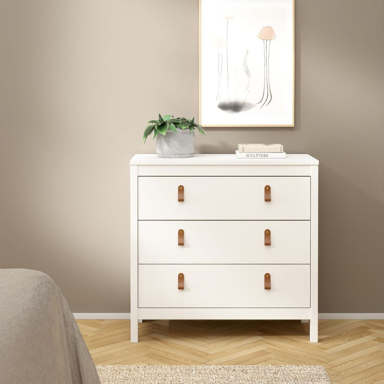 White 3 Drawer Chest With Brown Leather Tab Handles