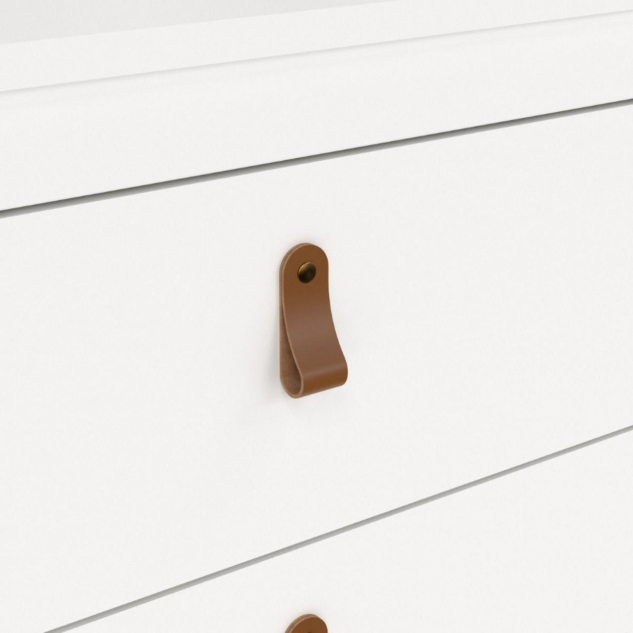 White 3 Drawer Chest With Brown Leather Tab Handles