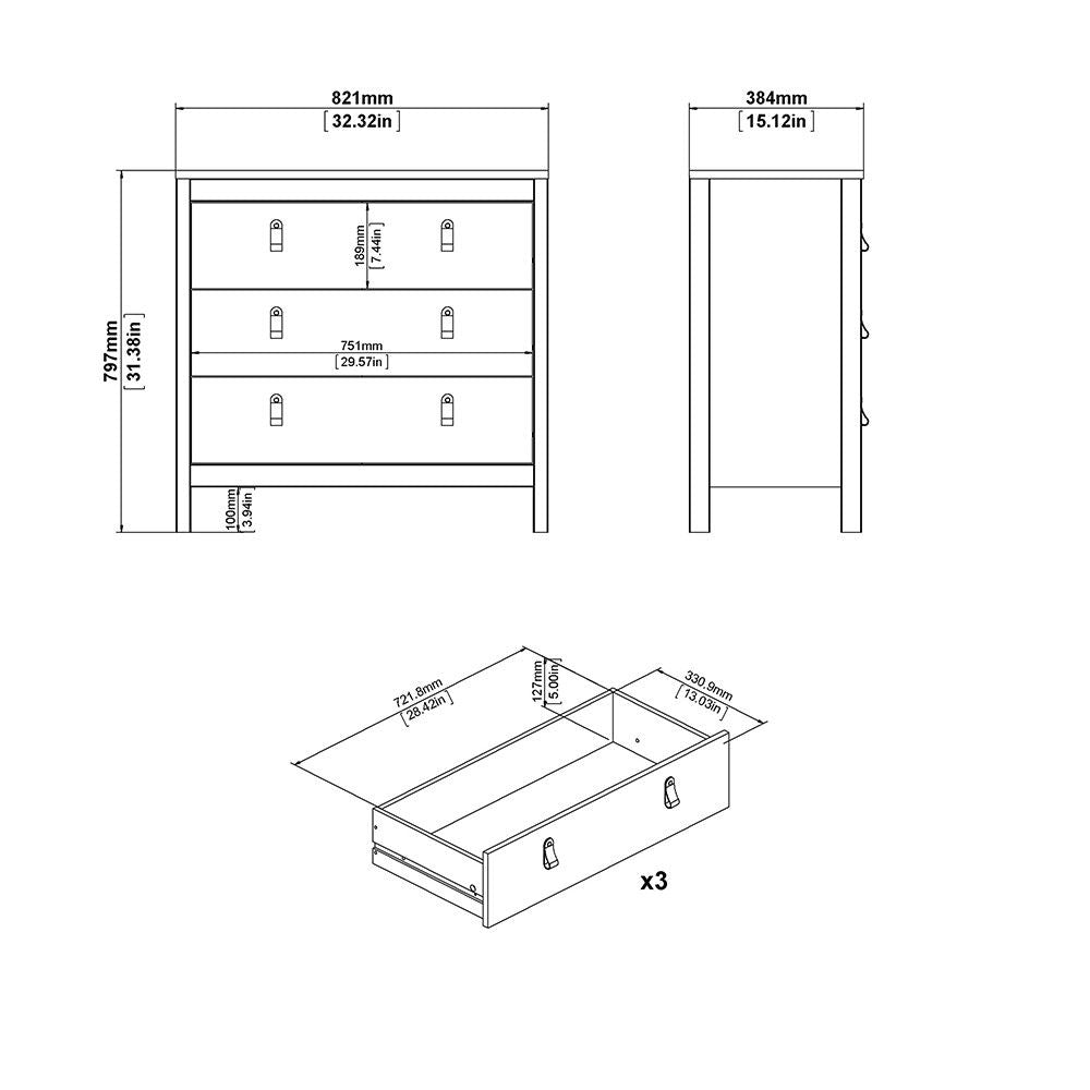 White 3 Drawer Chest With Brown Leather Tab Handles