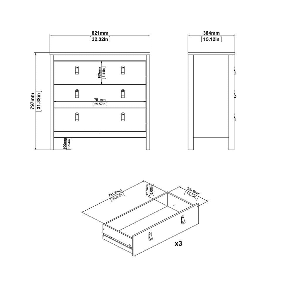 Black Chest of 3 Drawers with Brown Leather Tab Handles