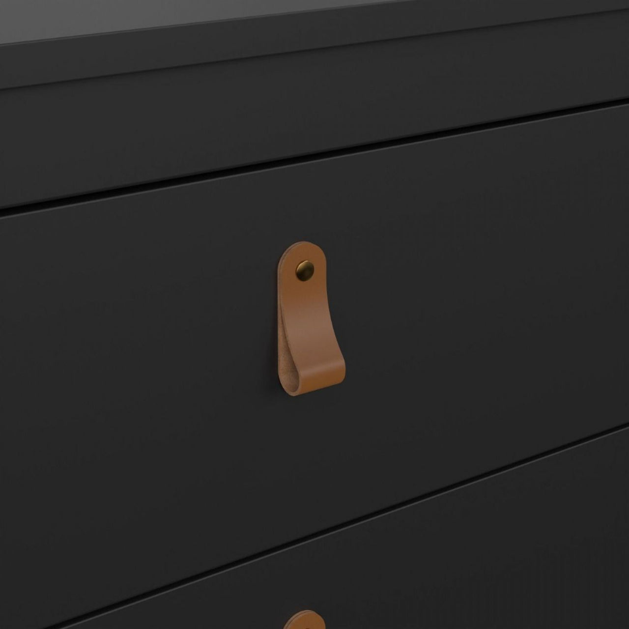 Black Chest of 3 Drawers with Brown Leather Tab Handles