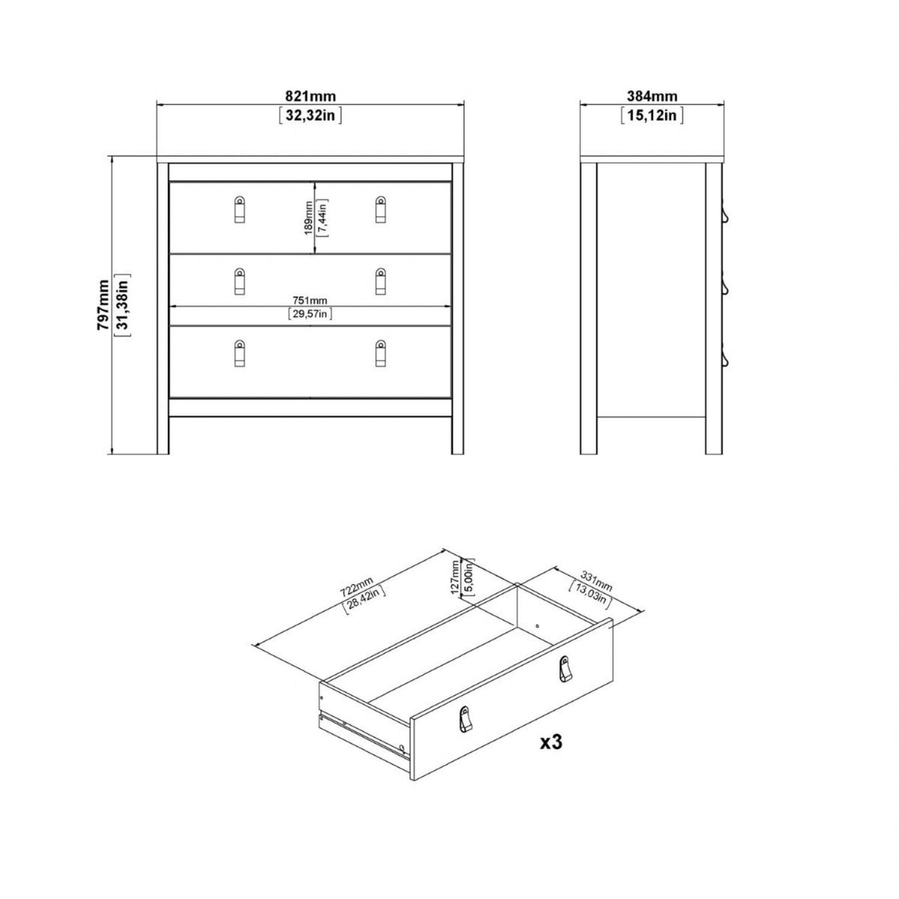 Black Chest of 3 Drawers with Brown Leather Tab Handles