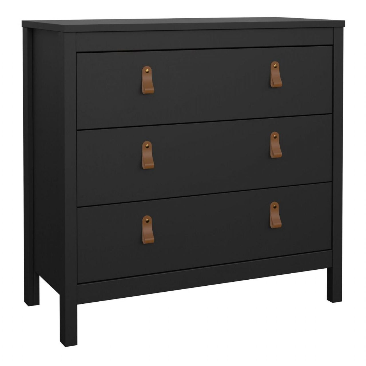 Black Chest of 3 Drawers with Brown Leather Tab Handles