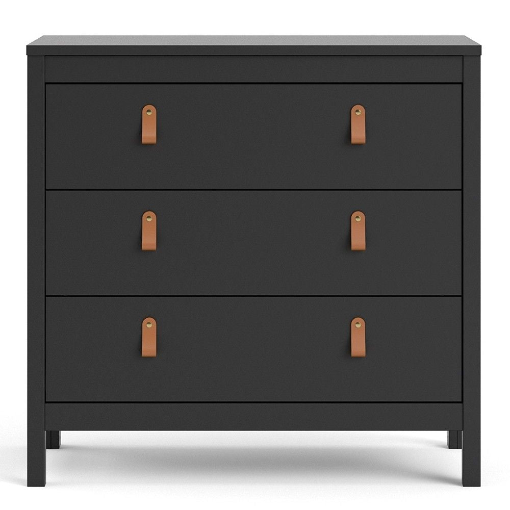 Black Chest of 3 Drawers with Brown Leather Tab Handles