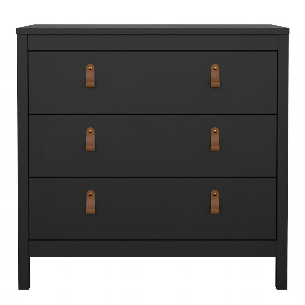 Black Chest of 3 Drawers with Brown Leather Tab Handles