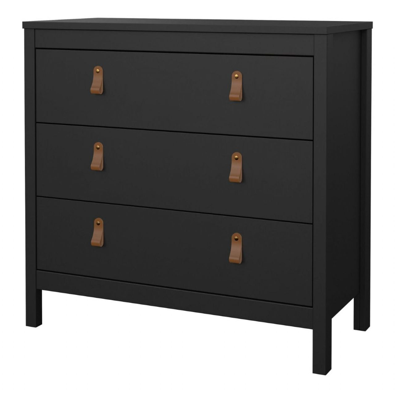 Black Chest of 3 Drawers with Brown Leather Tab Handles