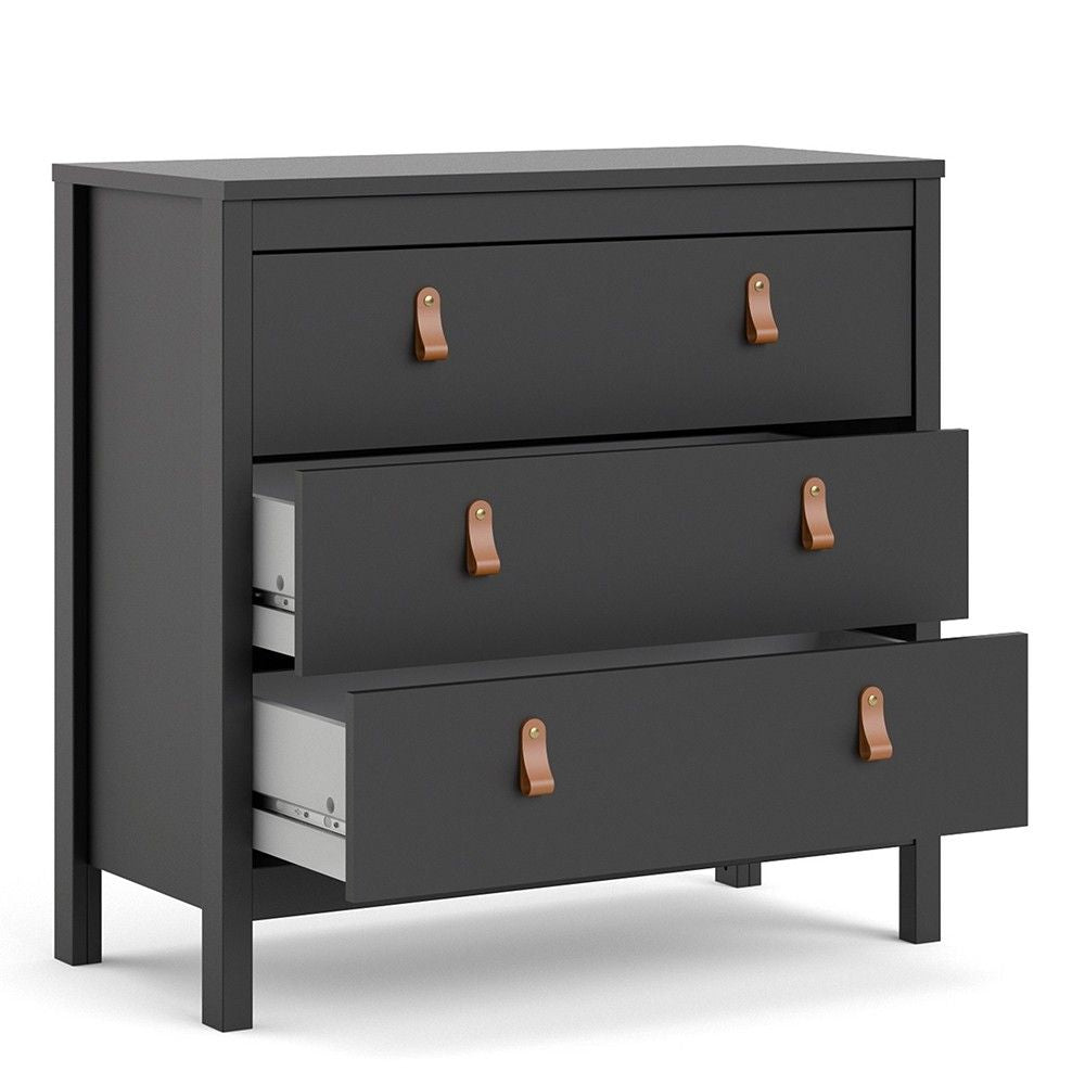 Black Chest of 3 Drawers with Brown Leather Tab Handles