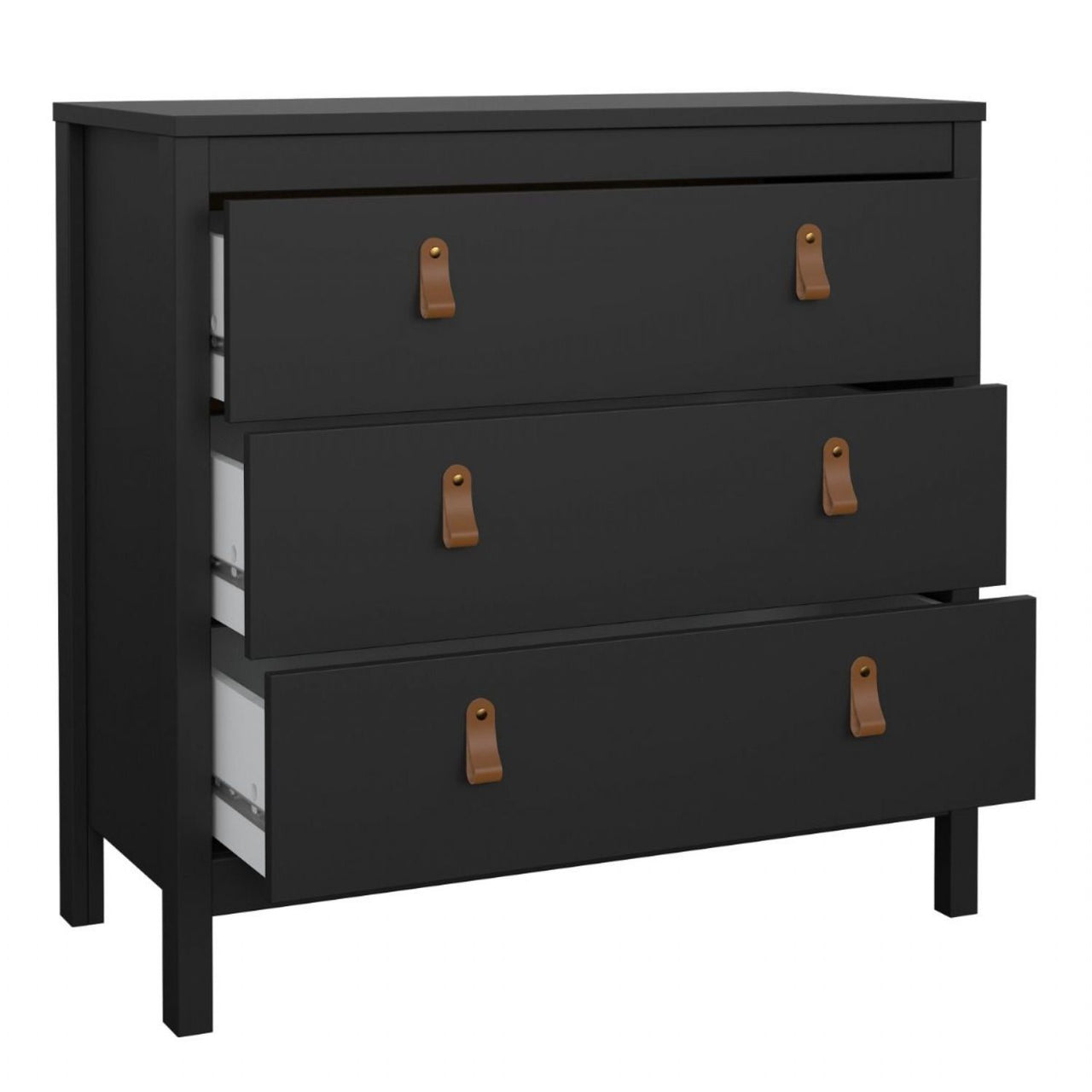 Black Chest of 3 Drawers with Brown Leather Tab Handles