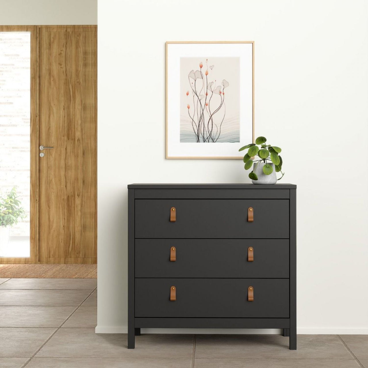 Black Chest of 3 Drawers with Brown Leather Tab Handles