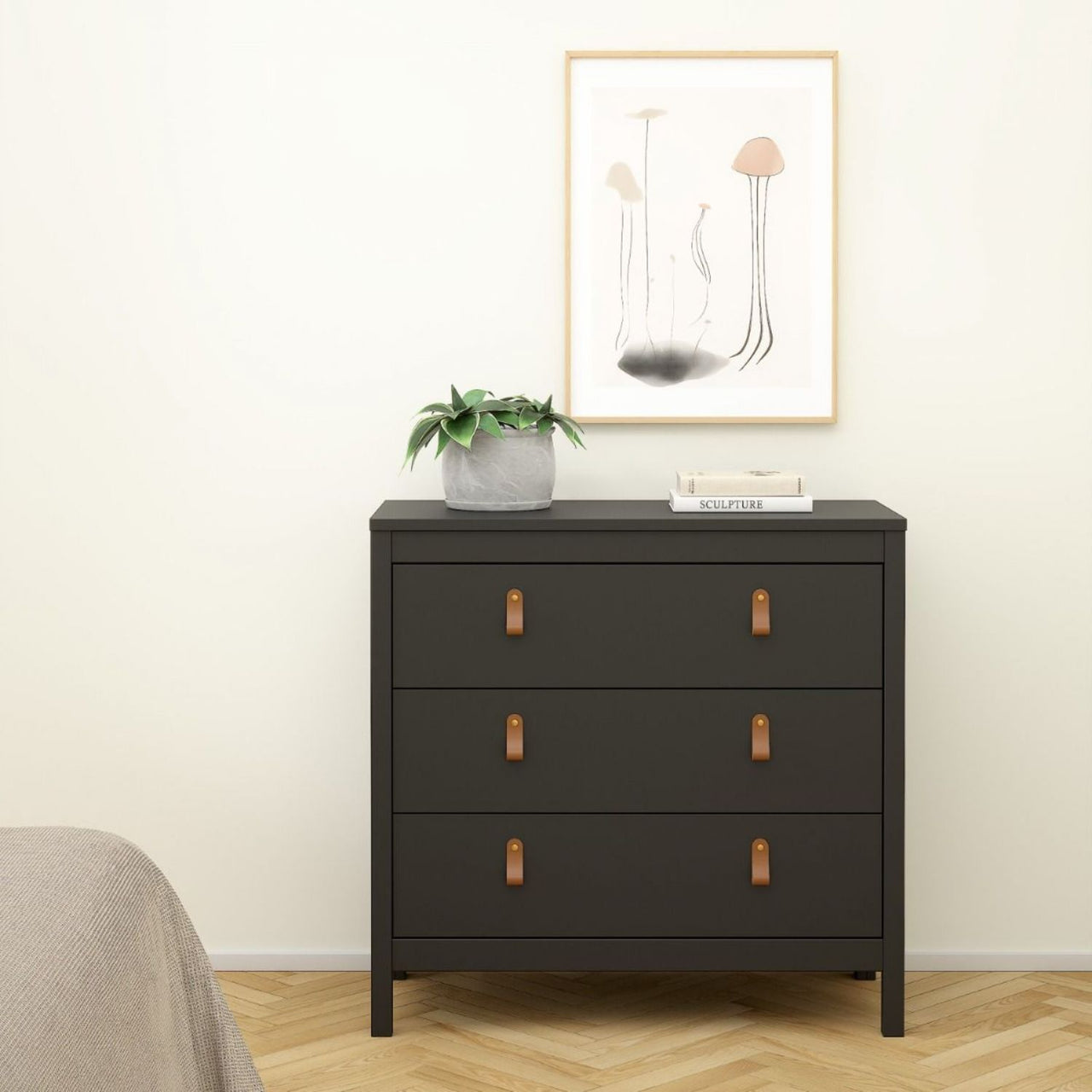 Black Chest of 3 Drawers with Brown Leather Tab Handles