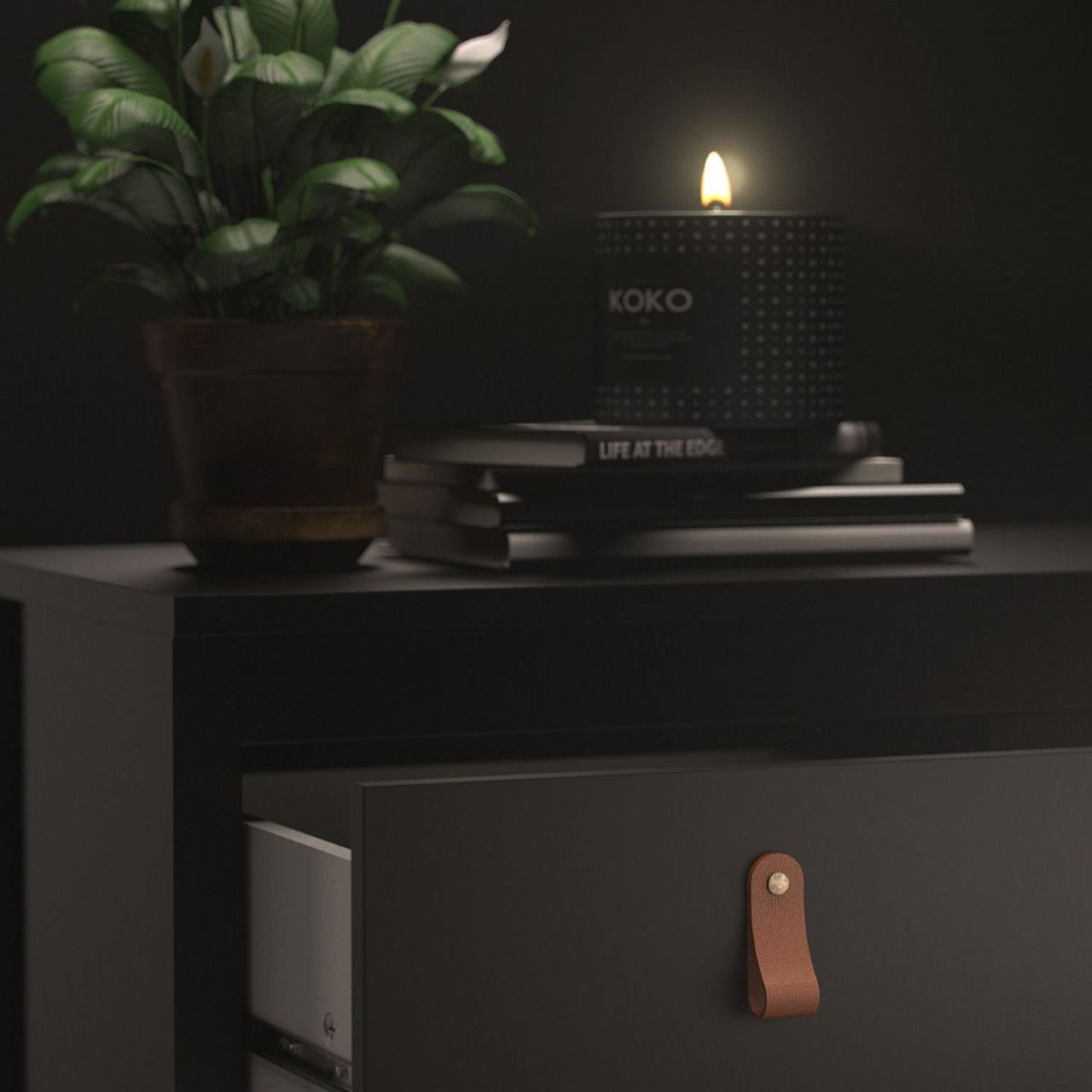 Black Chest of 3 Drawers with Brown Leather Tab Handles