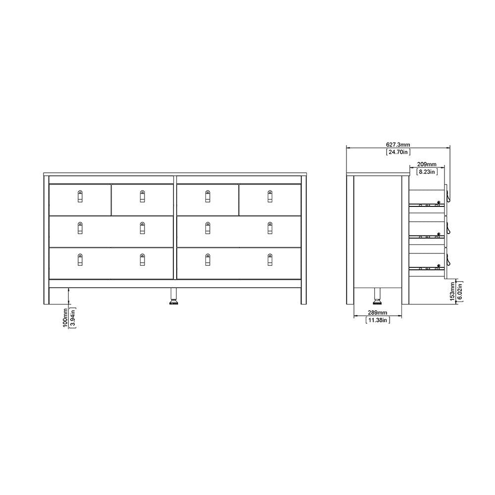 White Wide 8 Drawer Chest of Drawers Brown Tab Handles