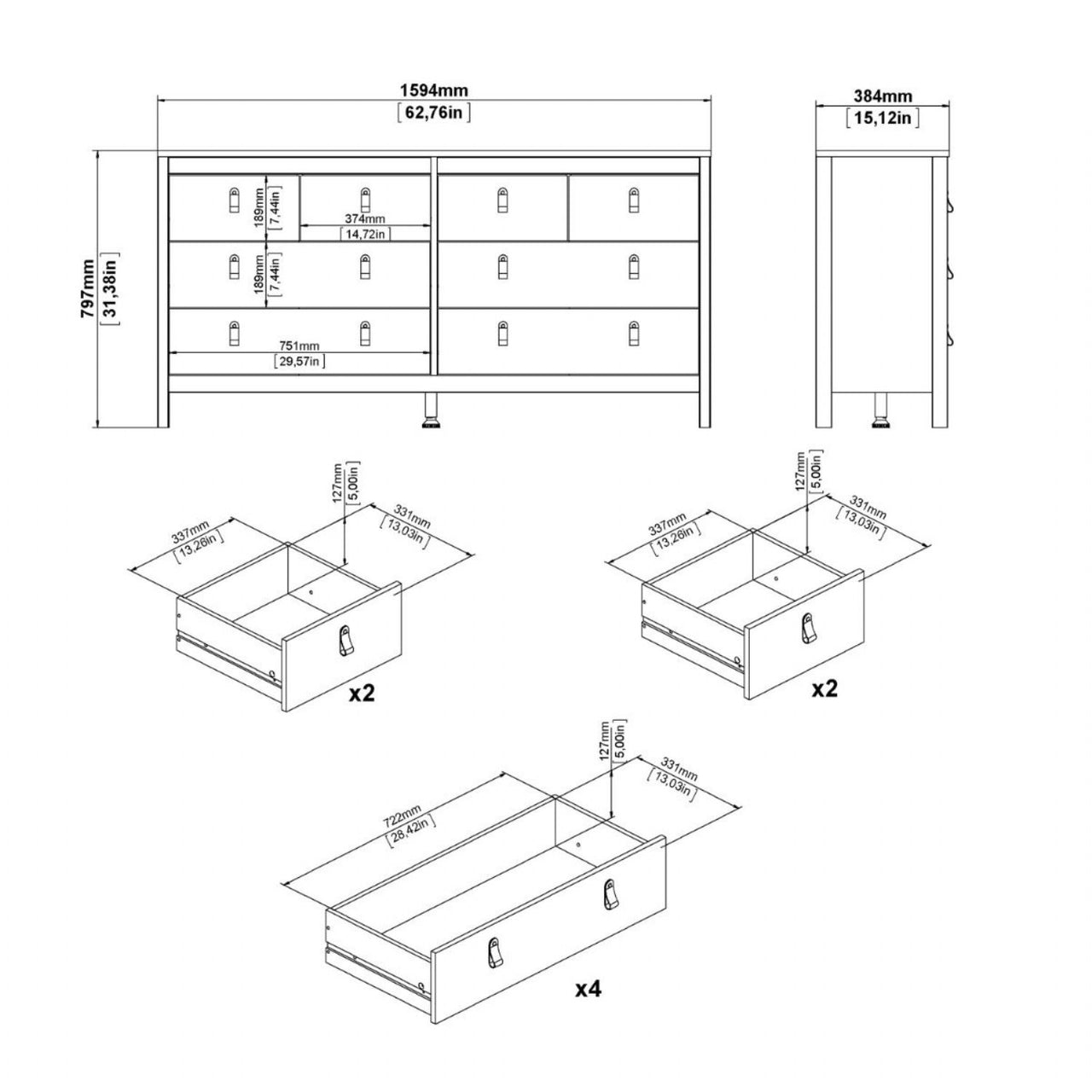 White Wide 8 Drawer Chest of Drawers Brown Tab Handles