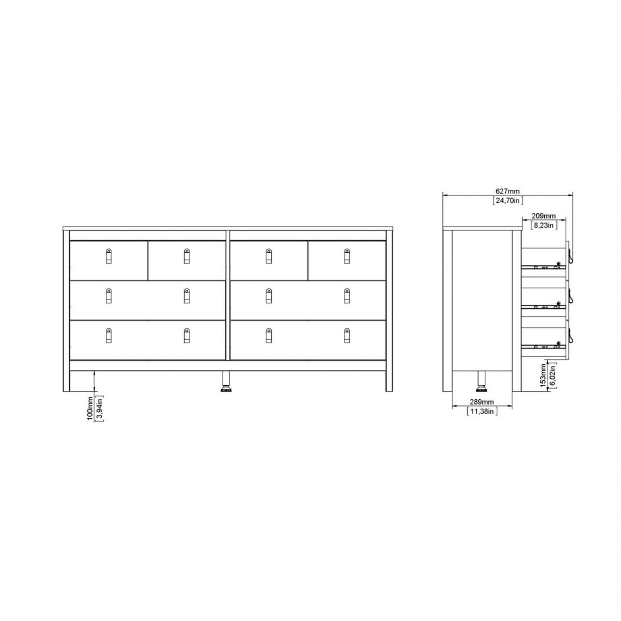 White Wide 8 Drawer Chest of Drawers Brown Tab Handles