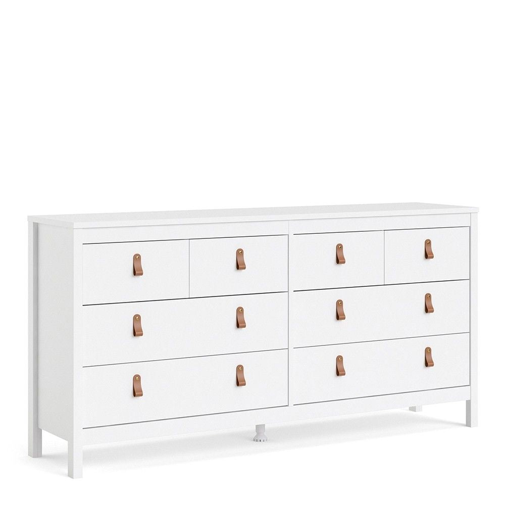 White Wide 8 Drawer Chest of Drawers Brown Tab Handles