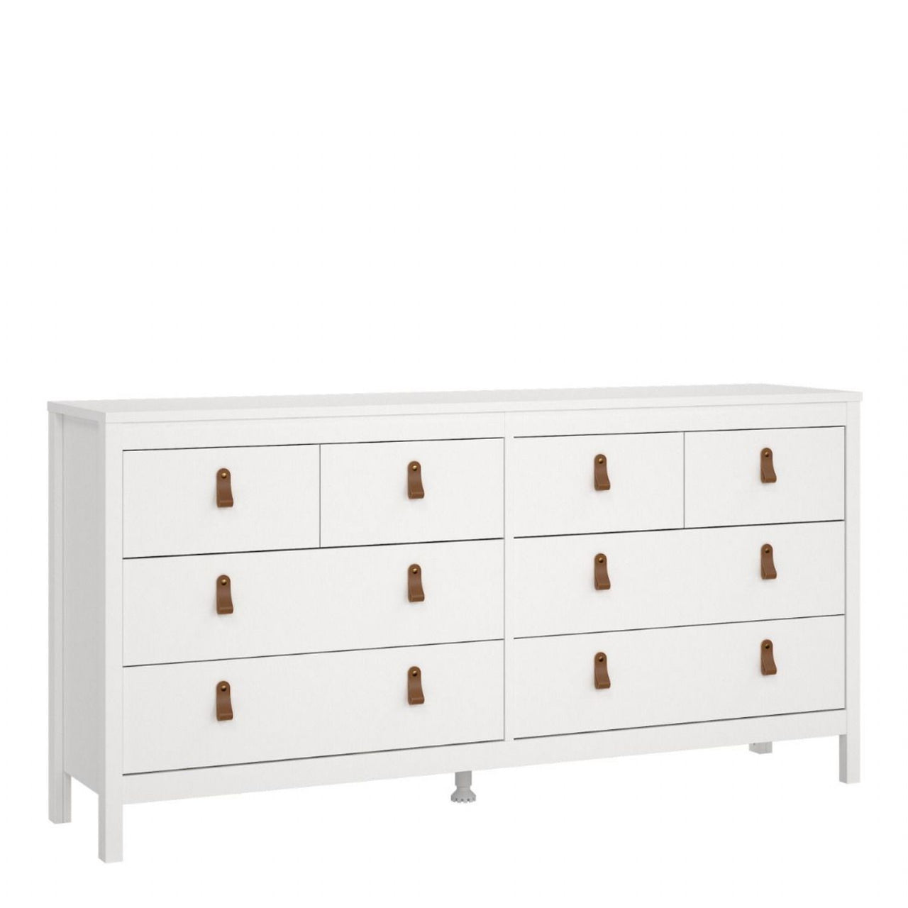 White Wide 8 Drawer Chest of Drawers Brown Tab Handles