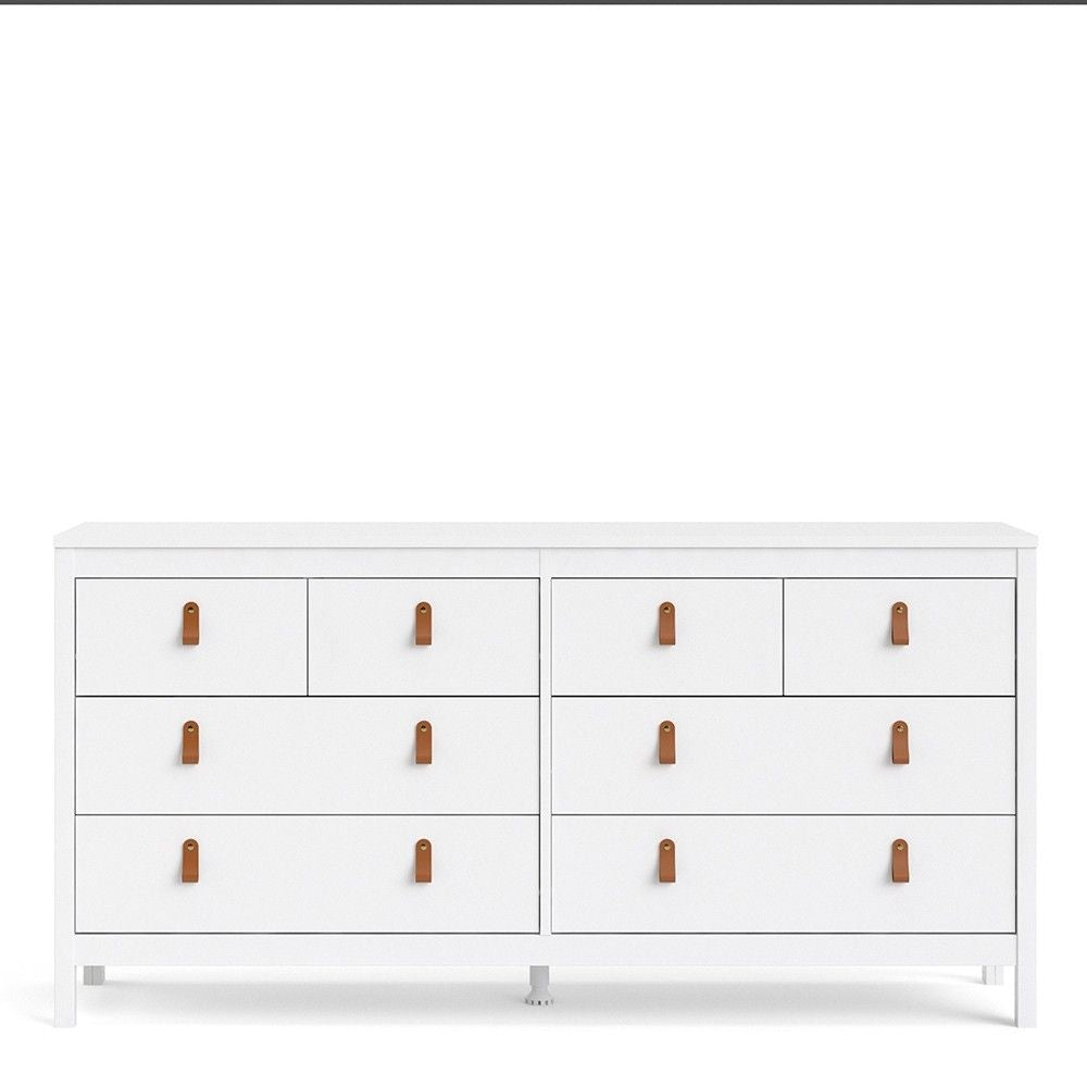 White Wide 8 Drawer Chest of Drawers Brown Tab Handles