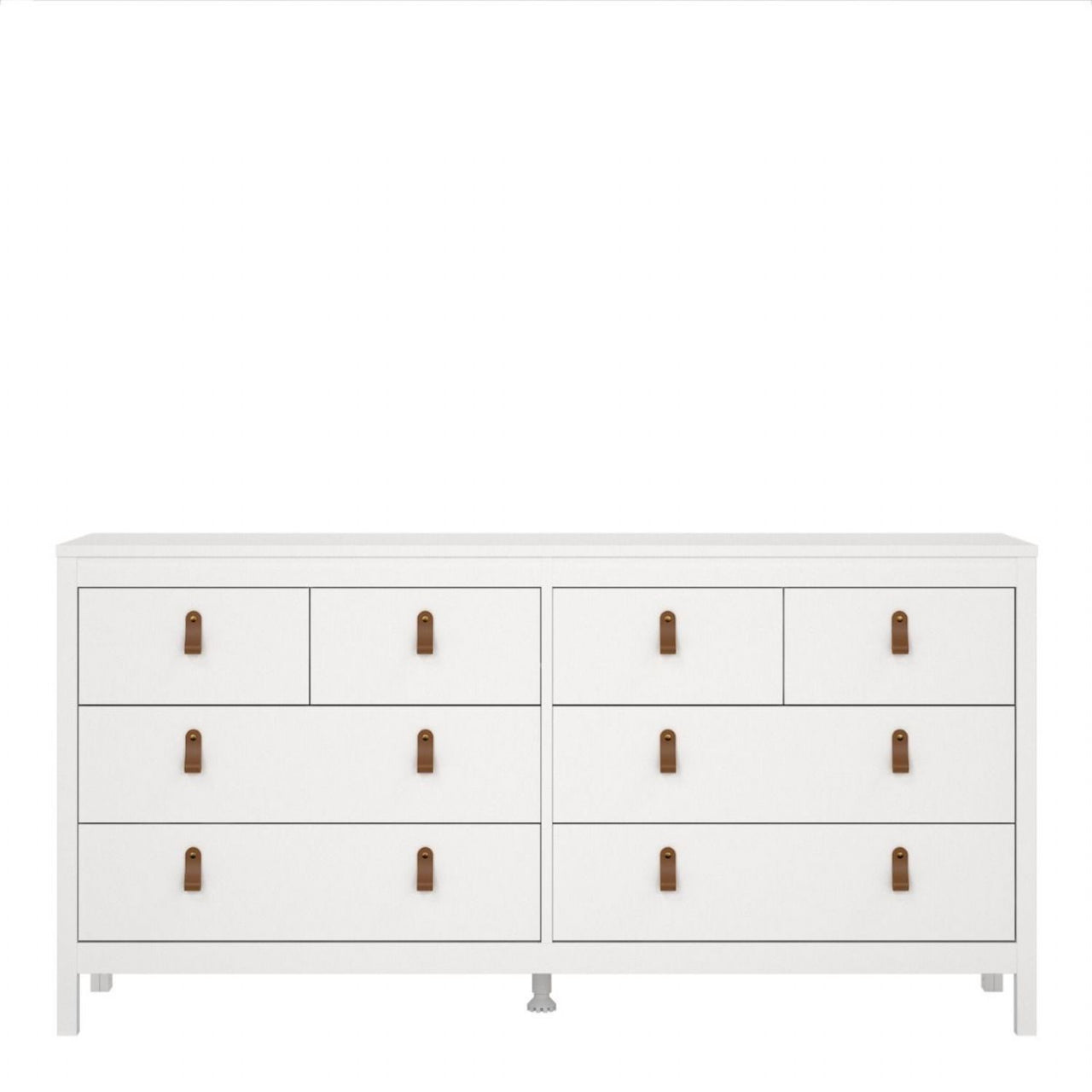 White Wide 8 Drawer Chest of Drawers Brown Tab Handles