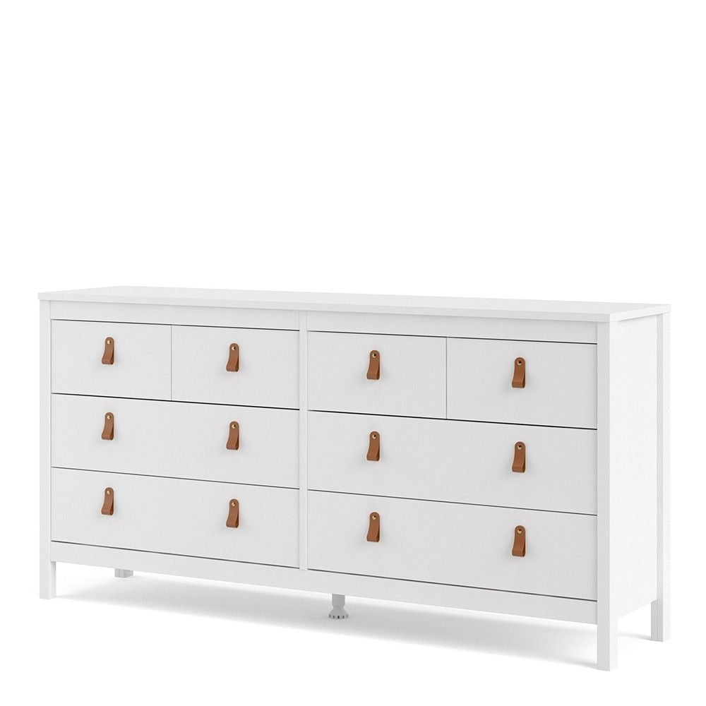 White Wide 8 Drawer Chest of Drawers Brown Tab Handles