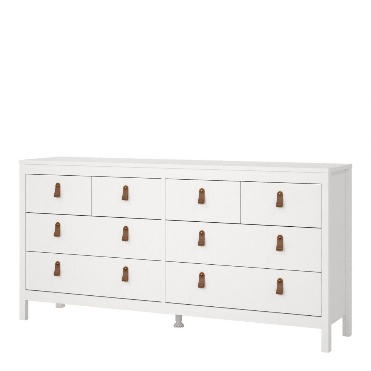 White Wide 8 Drawer Chest of Drawers Brown Tab Handles