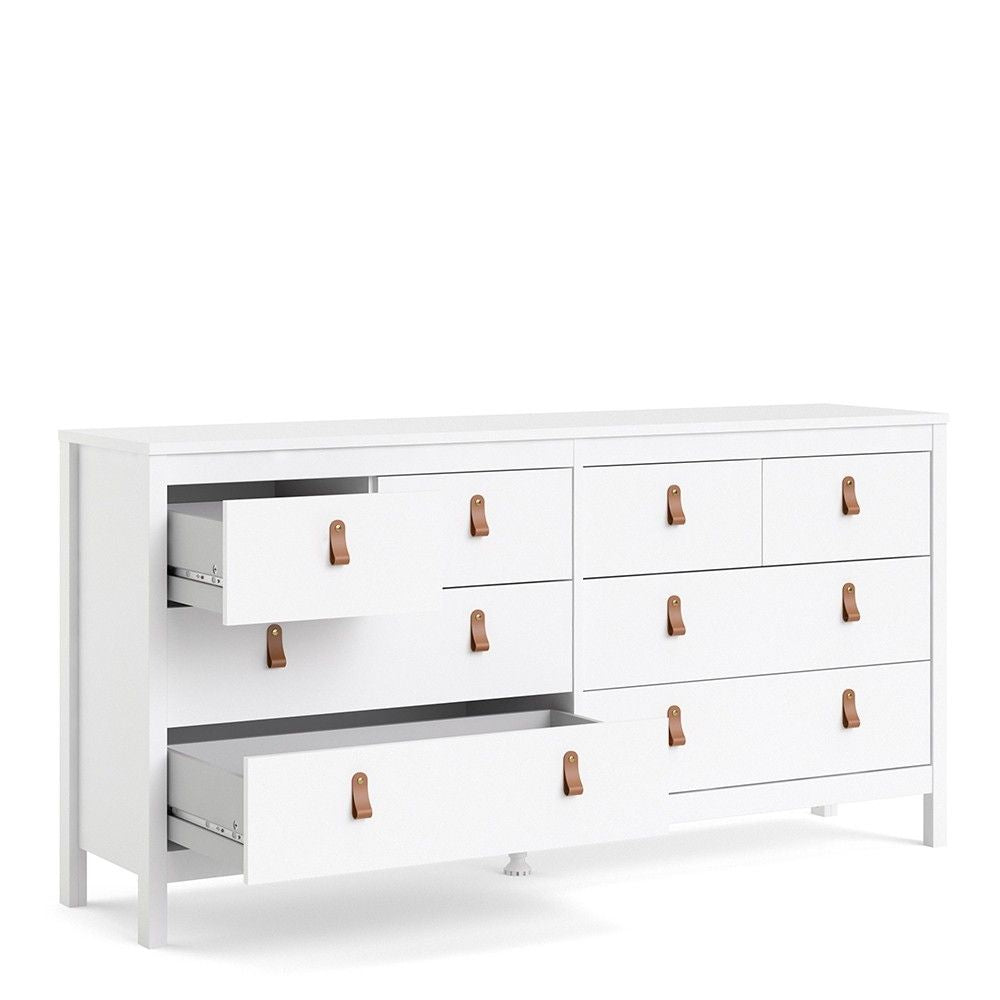 White Wide 8 Drawer Chest of Drawers Brown Tab Handles