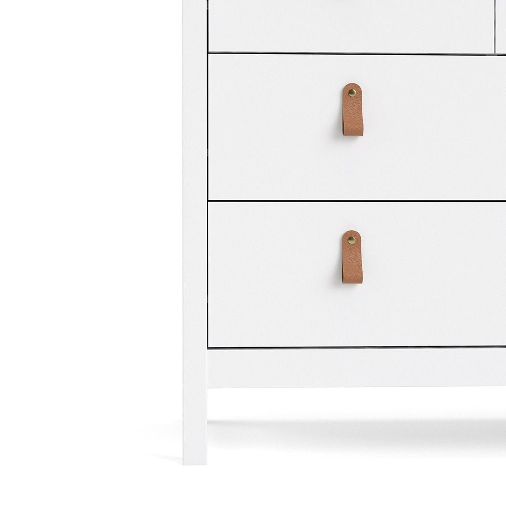 White Wide 8 Drawer Chest of Drawers Brown Tab Handles