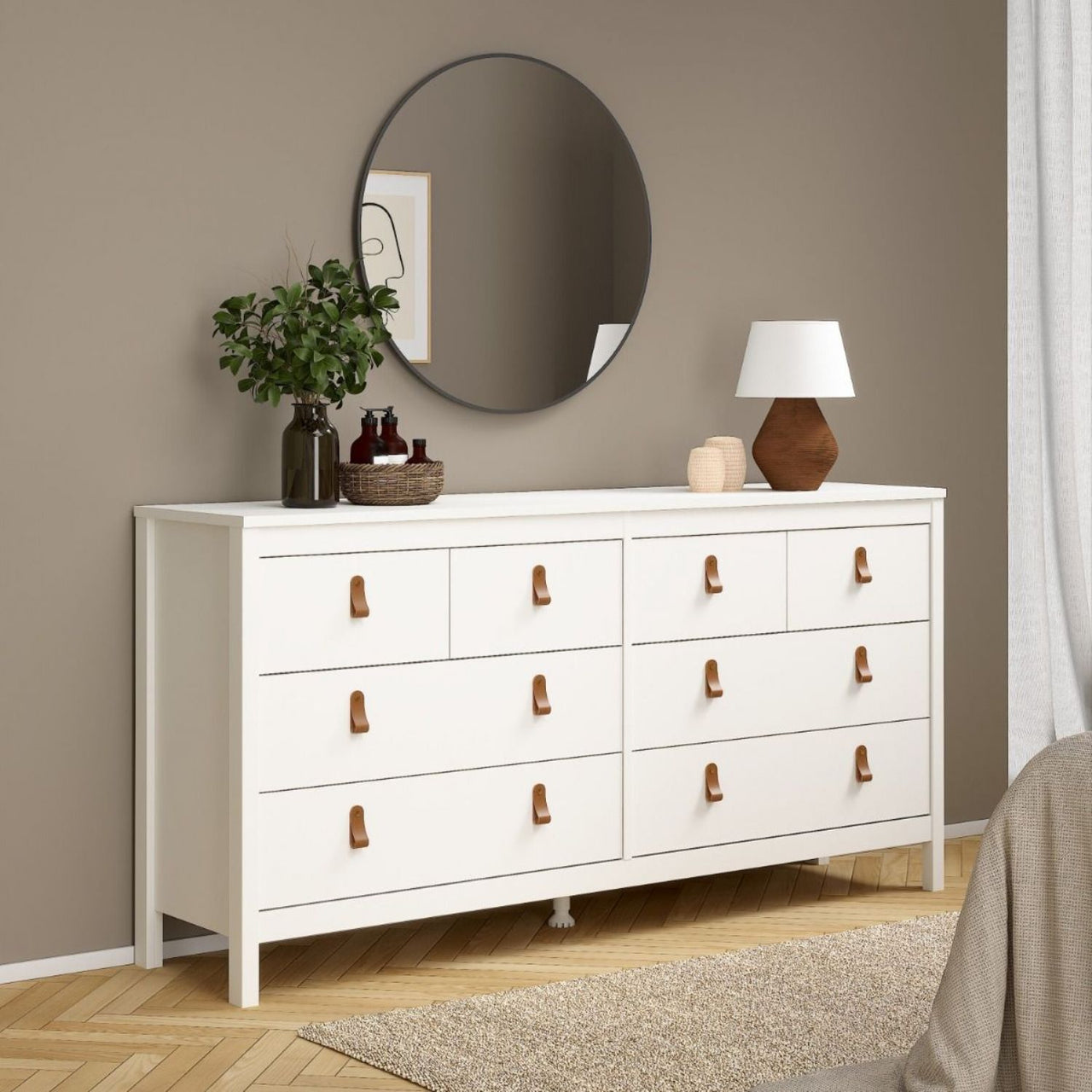 White Wide 8 Drawer Chest of Drawers Brown Tab Handles