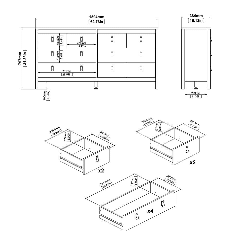 White Wide 8 Drawer Chest of Drawers Brown Tab Handles